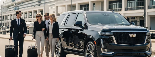 Four business people are walking with rolling luggage toward a black Cadillac Escalade SUV in a sunny, upscale urban area or port terminal.