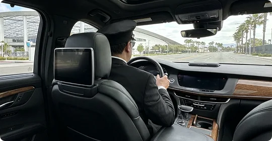 View from the back seat of a luxury car showing a uniformed chauffeur driving on a road near a stadium, with a headrest monitor in the foreground.
