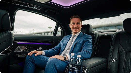 A businessman wearing a light blue suit and tie is seated comfortably in the back seat of a luxury sedan (appears to be a Mercedes-Benz S-Class). He is smiling and looking off-camera. Two bottles of water rest on the center console, and the interior features subtle purple ambient lighting. Through the windows, an airport terminal or structure is visible in the background.