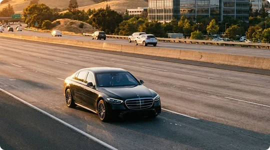 A black Mercedes-Benz S-Class slowly moves on a 2-way highway with stunning sunset lighting the scene. Background shows ordinary cars moving in opposite direction with a glass building and trees.