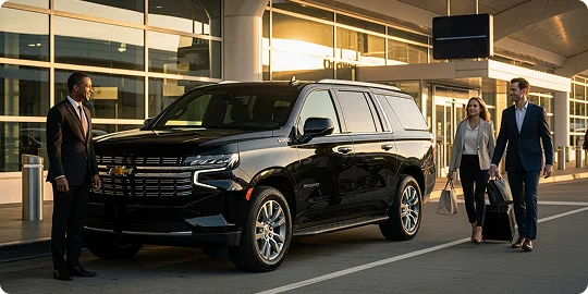 A black Chevrolet Tahoe SUV is parked outside a modern airport terminal or commercial building during sunset. A chauffeur in a dark suit stands to the left of the vehicle, smiling. To the right, a smiling couple in business attire walks toward the vehicle, pulling rolling luggage. The setting sun reflects off the glass exterior of the building.