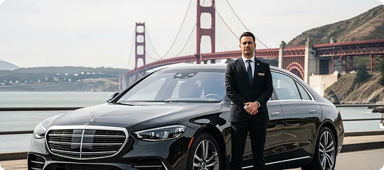 A chauffeur in a dark suit stands in front of a black Mercedes-Benz S-Class sedan. The Golden Gate Bridge and the water of the San Francisco Bay are visible in the background.