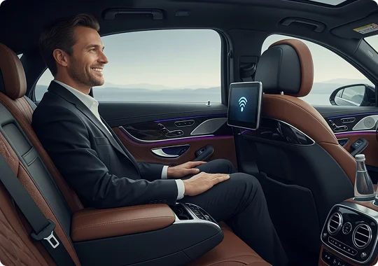 A businessman in a suit smiles while sitting comfortably in the leather back seat of a luxury car. A small monitor on the back of the front seat shows a Wi-Fi signal icon.
