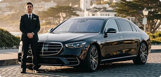 A smartly dressed chauffeur stands proudly next to a sleek black Mercedes-Benz S-Class luxury sedan, with an upscale coastal town and buildings in the sunlit background.