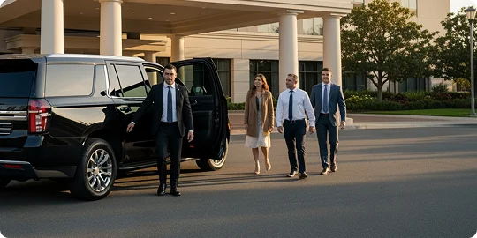 A chauffeur in a suit and tie opens the rear door of a black SUV for three professionally dressed people walking toward the vehicle in front of a building with large pillars.