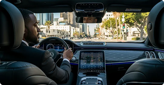 A chauffeur in a suit drives a luxury car through a sunny city, viewed from the back seat showing the digital dashboard and navigation screen.