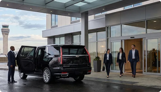 A chauffeur stands by an open door of a black Cadillac SUV as three professionally dressed people walk out of an airport terminal.