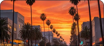 Scenic view along the SAN to Orange County route of a palm-lined street in a city at sunset.