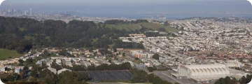 Noe Valley: Elevated view of a residential San Francisco neighborhood surrounded by greenery.