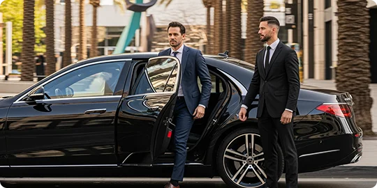 A chauffeur in a black suit holds the door of a black Mercedes-Benz sedan open for a man exiting the vehicle.