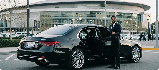 A chauffeur in a dark suit stands next to a black Mercedes-Benz S-Class sedan with the rear door open, looking directly at the camera. The car is parked outside a large, modern, circular arena or stadium complex.