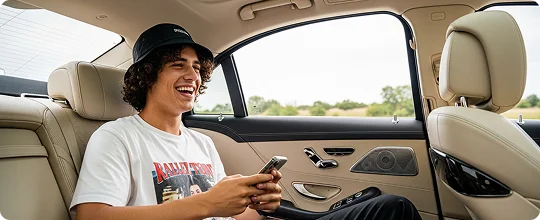 A young man with curly hair and a black bucket hat sits in the back of a luxury car with tan leather seats, laughing while looking at his smartphone.