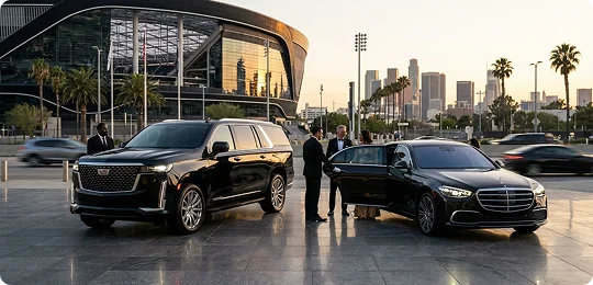 A chauffeur in a suit and white gloves opens the rear door of a black luxury sedan for a couple in formal wear outside a stadium at sunset. A Black Cadillac Escalade is parked elegantly with it.