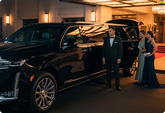 A formally dressed man stands next to a black Cadillac Escalade SUV as two women in evening gowns step out onto a red carpet.