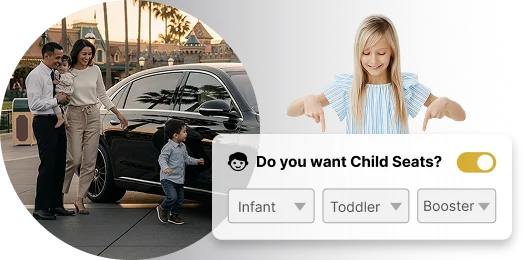 A chauffeur, a woman holding an infant, and a toddler next to a black luxury car are visually framed next to a graphic overlay asking, "Do you want Child Seats?" with options for Infant, Toddler, and Booster.