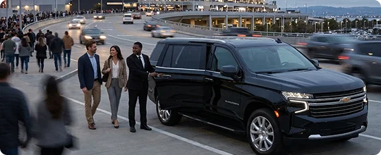 A black Chevrolet Suburban is parked on a busy terminal ramp at dusk while a chauffeur in a suit holds the rear door open. A man and a woman in business casual attire walk toward the vehicle, with a crowded pedestrian walkway and moving traffic visible in the background.