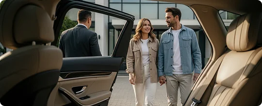 Front view of a young couple casually dressed entering a luxury car while the chauffeur holds the read door open for them. Car's leather interior is visible with dim sunlight illuminating its seat.