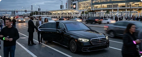 A chauffeur in a black suit opens the rear door of a black Mercedes-Benz sedan for a man and woman on a busy city street near a stadium at dusk.