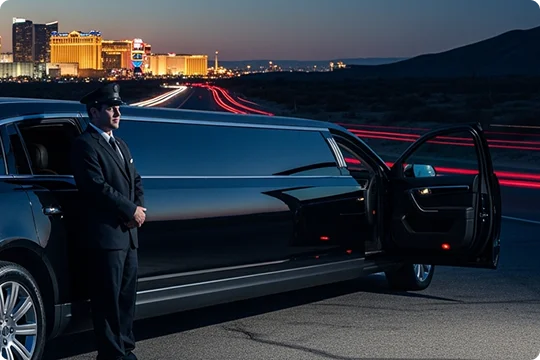 A chauffeur stands by an open black stretch limousine at dusk, with the bright lights of a city skyline and streaking car lights in the background.
