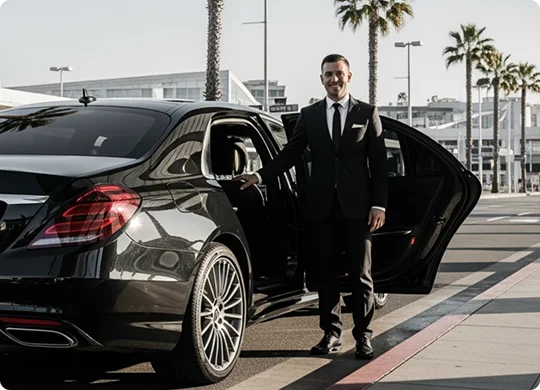 A smiling chauffeur in a suit holds the door of a black Mercedes-Benz S-Class sedan open at an airport curb on a sunny day.