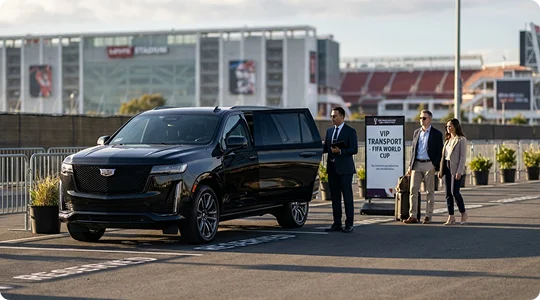 A driver in a suit holds open the door of a black Cadillac SUV for two travelers at a "VIP Transport - FIFA World Cup" station, with a stadium in the background.
