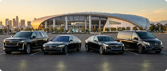 Four luxury black vehicles, including two sedans, an SUV, and a van, are parked in a row in a large parking lot in front of the modern, curved SoFi Stadium at sunset.