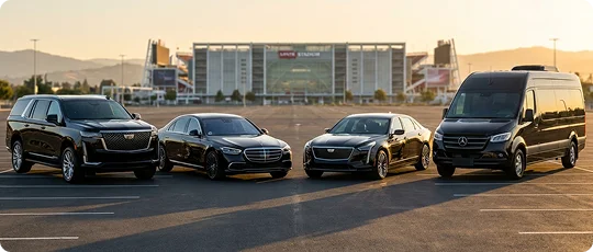 Four black luxury vehicles, including an SUV, two sedans, and a sprinter van, are parked in a row in a paved lot with Levi's Stadium in the background during golden hour.