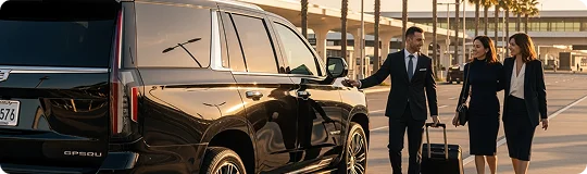 A chauffeur in a suit assisting two women with their luggage next to a black SUV at an airport.
