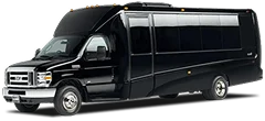 A black party bus or shuttle bus, built on a Ford cutaway chassis, is shown in profile against a plain beige background. The vehicle features dark tinted windows along the passenger cabin.