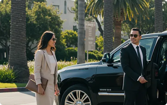 A chauffeur in a black suit opens the luxury SUV door for a smiling businesswoman in beige attire, set against a backdrop of palm trees.