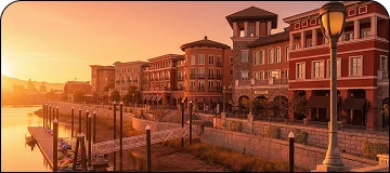 A warm, golden sunset over a waterfront development featuring multistory buildings with red and brown facades, a lamppost, and a pier on a calm body of water.