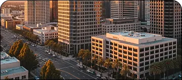 City skyline and streets showing the LAX to San Jose route.