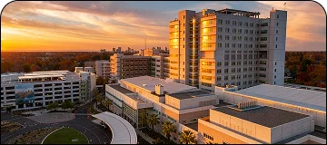 Aerial view of a large, modern hospital complex or medical center at sunset. The tall, central building's windows reflect the bright orange and yellow light of the setting sun, with a parking garage and lower wings visible in the foreground. A city skyline can be seen faintly in the distant background.