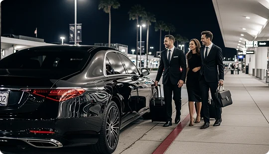 A suited chauffeur helps a young passenger couple towards a black sedan on an airport terminal at night with pam trees visible in bright street lights in the background.