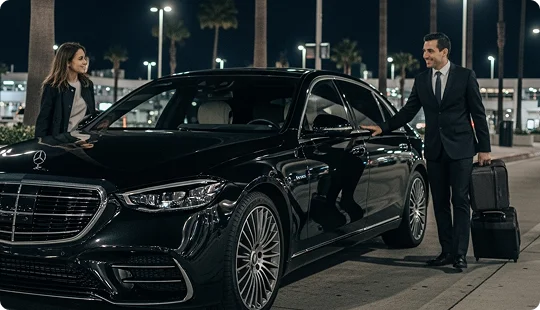 A chauffeur in a suit assisting a woman with her luggage next to a black Mercedes-Benz S-Class sedan at night.