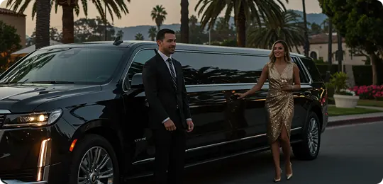 An elegant couple by a black stretch limousine, with the woman in a gold gown and the man in a suit under palm trees at dusk.