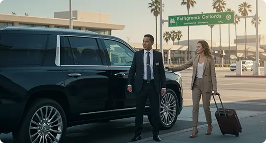 Chauffeur in a black suit greets a woman in a beige pantsuit with rolling luggage beside a black luxury SUV at a sunny California airport curbside.