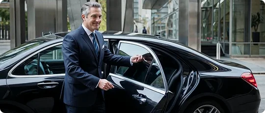 A smiling man in a business suit is being helped into the back of a black luxury sedan by a chauffeur, showing a professional and courteous car service.