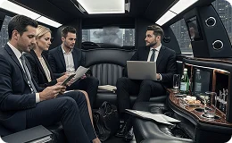 A group of professionals in suits working and relaxing inside a luxurious stretch limousine.