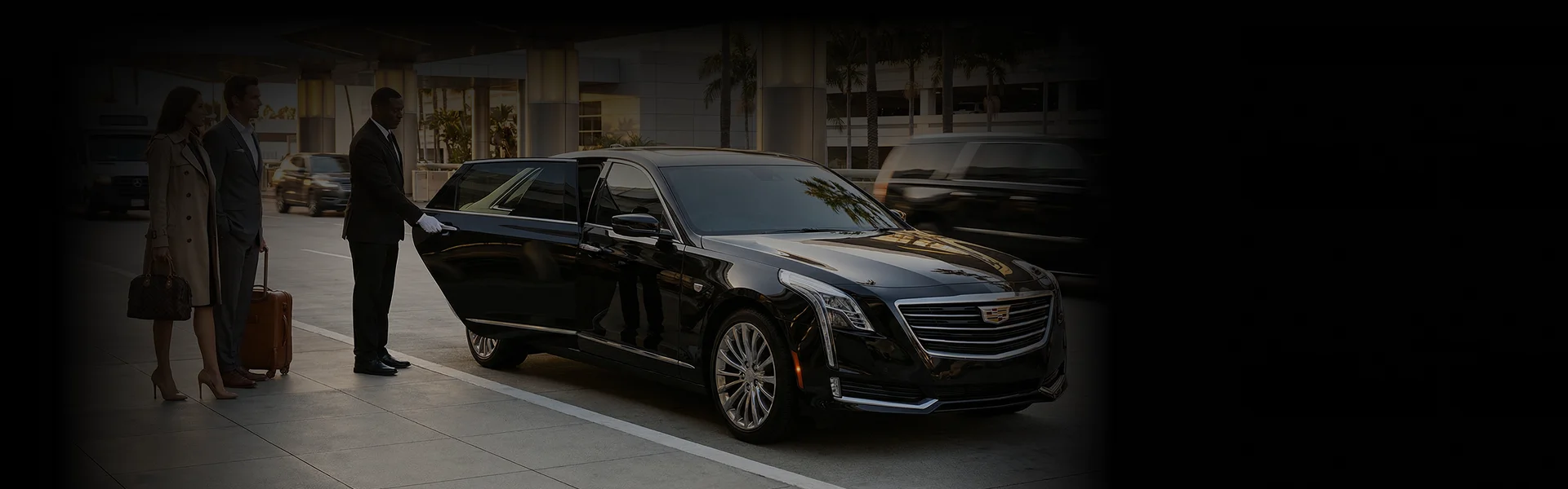 A chauffeur in a black suit and white gloves opens the rear door of a black luxury sedan for a traveler with luggage at an airport.
