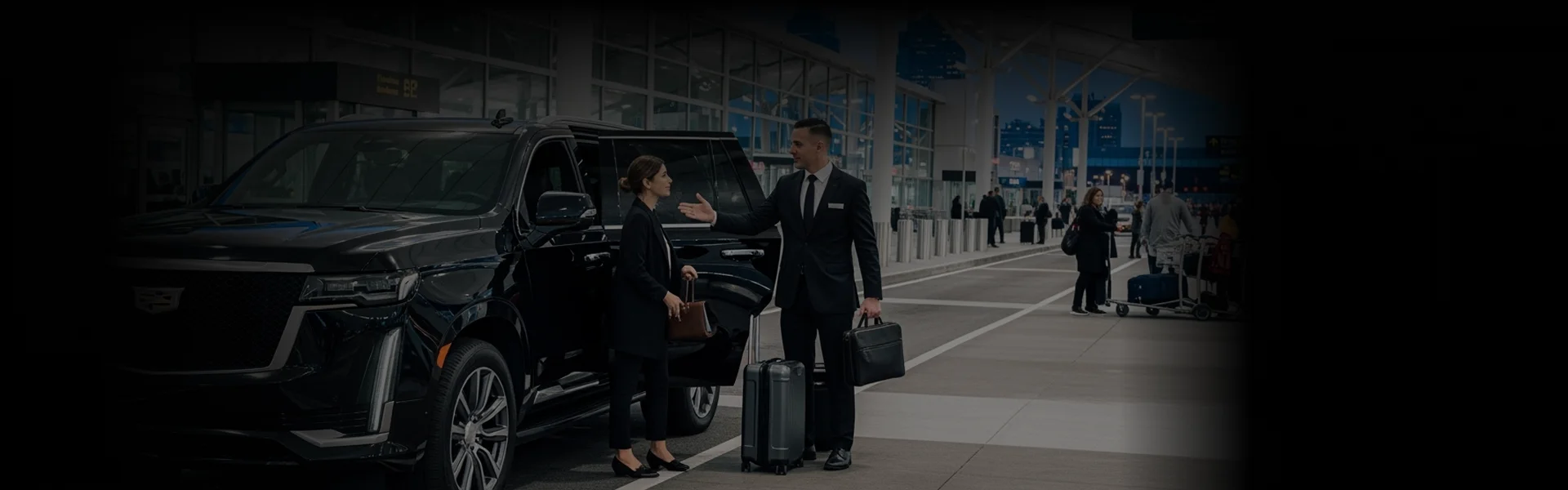 Chauffeur welcoming a passenger beside a luxury black SUV at the terminal for John Wayne (SNA) Airport Car Service. The woman carries a handbag while luggage rests nearby, highlighting professional and comfortable airport transfer service.