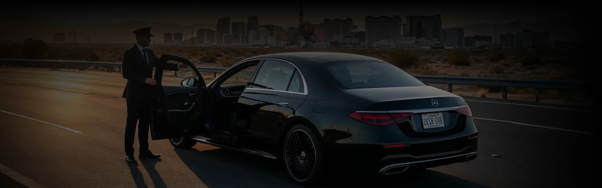 A chauffeur in uniform holds open the door of a sleek black car on a road with a cityscape in the background, showcasing the premium Los Angeles chauffeur service experience.