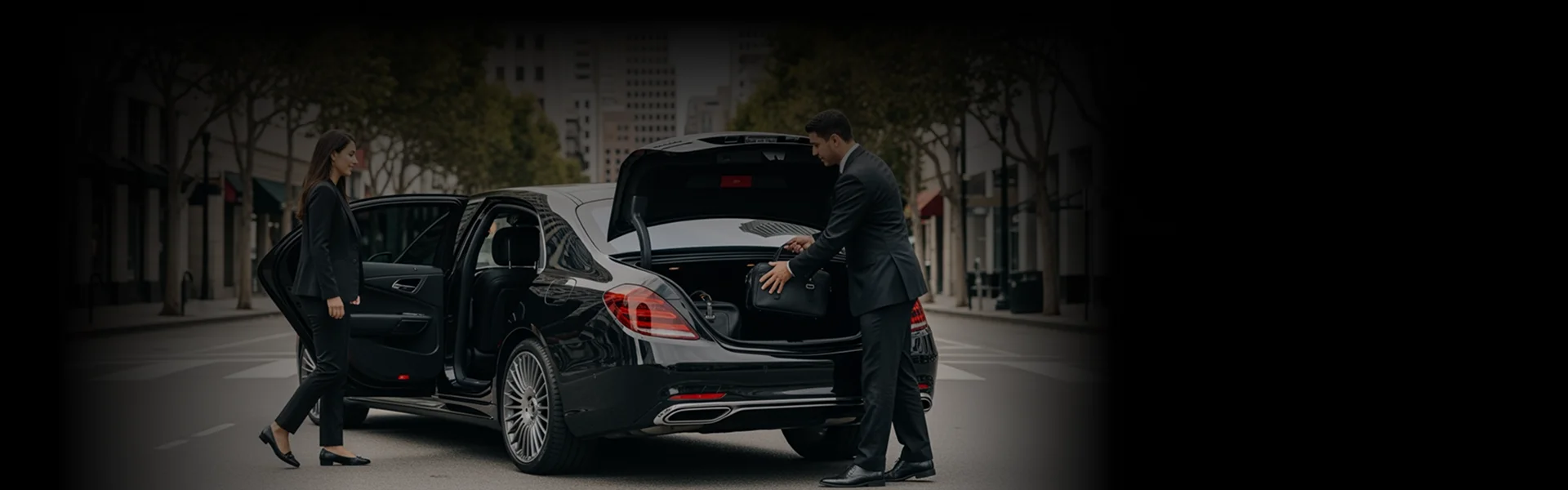 A chauffeur in a black suit places a black briefcase into the open trunk of a black luxury sedan. Simultaneously, a female passenger, also in a black business suit, stands next to the car's open rear door, preparing to enter the vehicle. The scene is on a city street with tall buildings in the background.