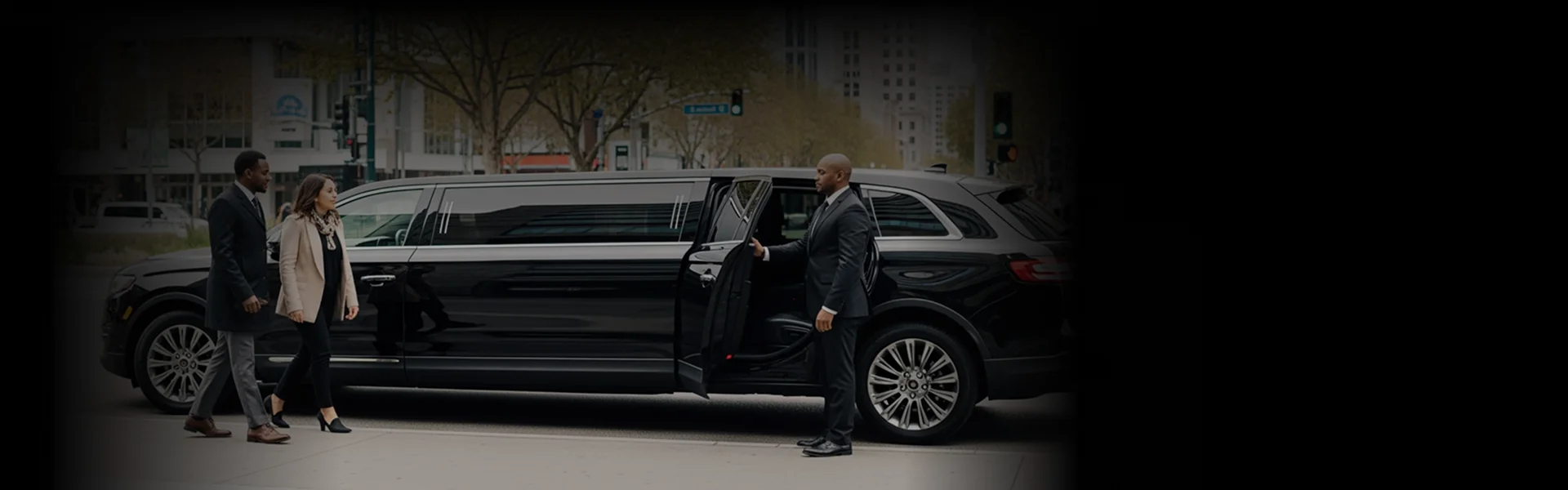 A chauffeur in a dark suit stands holding the rear door open for two passengers—a man and a woman—who are approaching and preparing to board a black luxury Stretch limousine. The scene is a city street lined with trees and modern buildings.