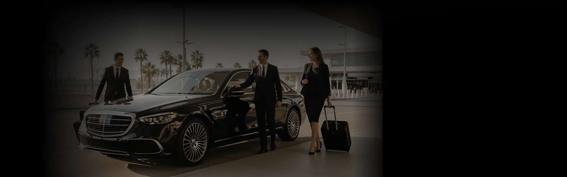 A beautiful couple enters a black Mercedes-Benz Sedan with luggage on an airport terminal where their hired chauffeur is ready to serve them.