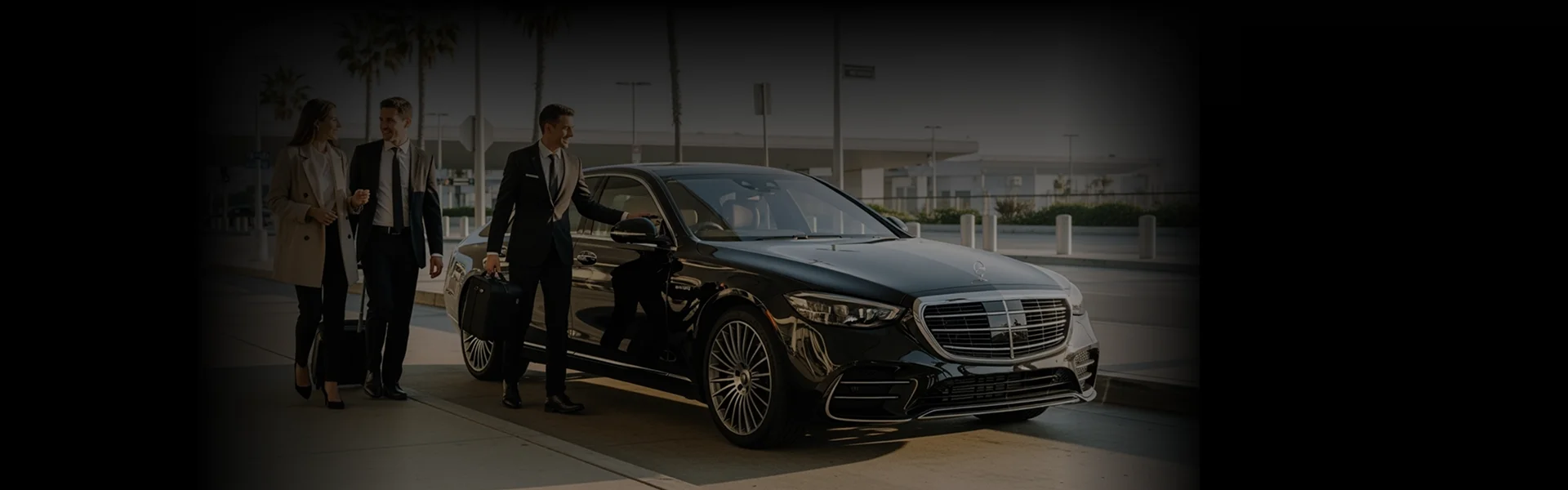 A chauffeur in a suit holds open the door of a black sedan for a couple with luggage.