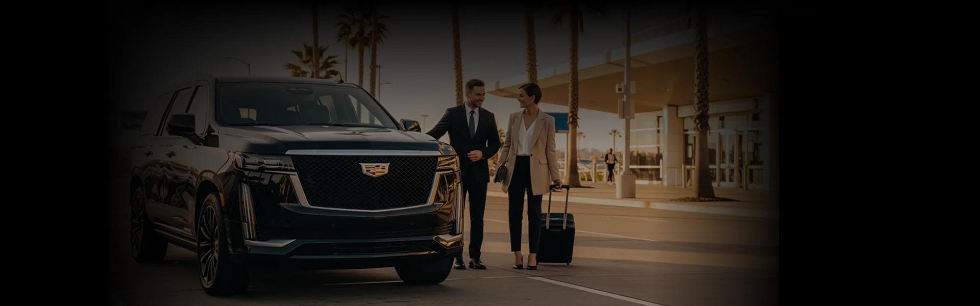 A front view of a suited chauffeur escorting a business lady to her hired black Cadillac Escalade SUV parked on LAX terminal. palm trees are visible in the background.