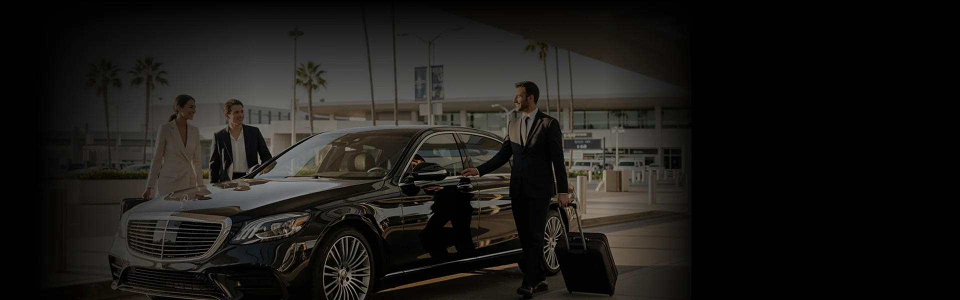 A chauffeur in a suit holds open the door of a black sedan for two passengers with luggage, providing LAX to Long Beach car service.