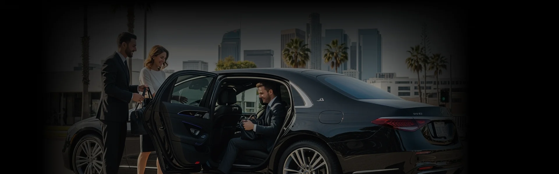 A chauffeur in suit help a male and a female passenger with their luggage near a black sedan.