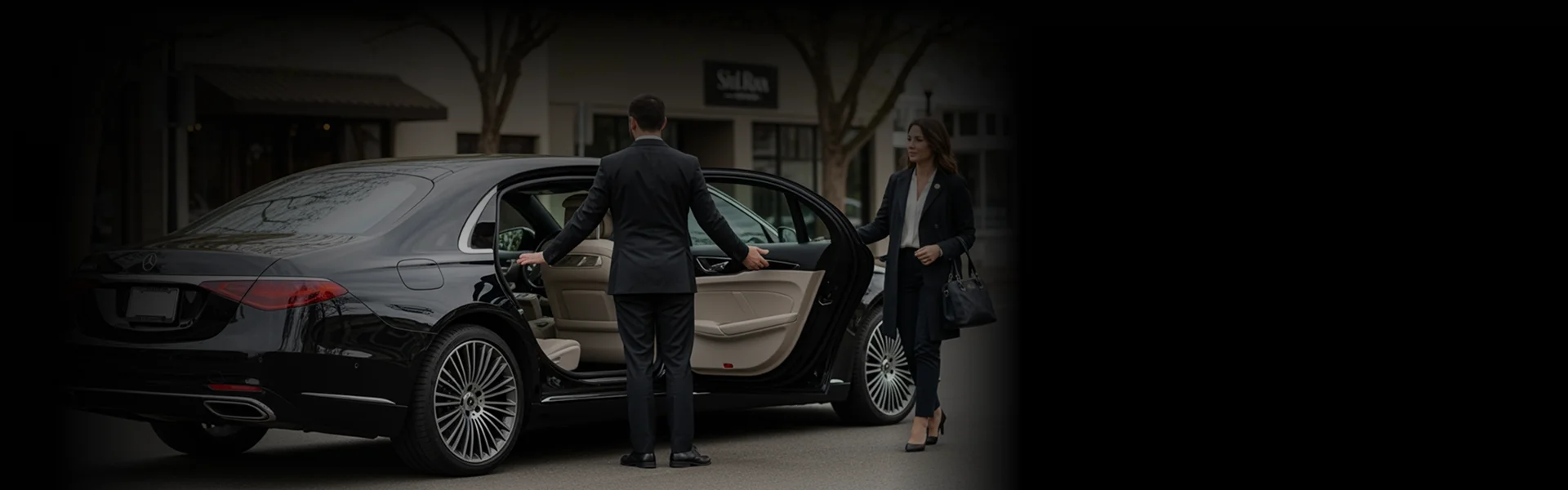 A well-dressed chauffeur stands facing a black luxury sedan (appears to be a Mercedes-Benz S-Class), holding the rear passenger door open for a female passenger who is smiling and standing to the right. The interior of the car has light-colored leather seats. The scene is slightly dark and takes place on a city street outside a building with a storefront.